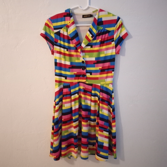 Vintage 🌈 Rainbow Stretchy Button Up Mini Retro 80's Dress - Picture 3 of 11